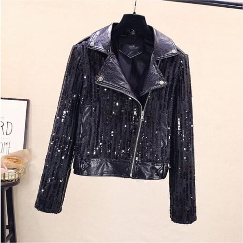 Autumn and winter new 2020 slim and versatile sequins stitching washed PU leather womens short Motorcycle Jacket