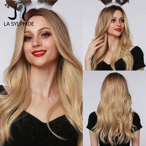 La Sylphide Long Natural Wavy Root Dark Brown Ombre Blonde Golden Wig Middle Part Synthetic Wig for Women Daily Use Wigs