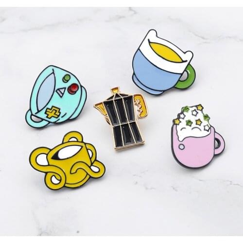 Cartoon Cute Coffee Tea Cups Brooches Adventure Time Enamel Pins Animation Badges Shirt Lapel Pin Bag Accessories Gift for Kids