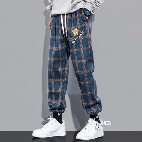 EACHIN Streetwear Blue Plaid Pants Men Joggers 2021 Mens Straight Harem Pants Men Drawstring Korean Hip Hop Trousers Sweatpants