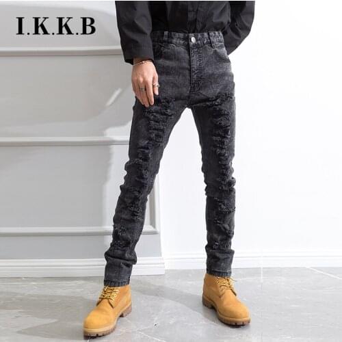 Winter mens pierced Jeans Dark Gray thick pants versatile youth thickening performance Leggings pencil pants
