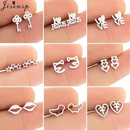 Multiple Style Geometric Stainless Steel Stud Earrings for Women Girls Minimalist Cat Key Earings Crown Studs Nurse Jewelry Gift