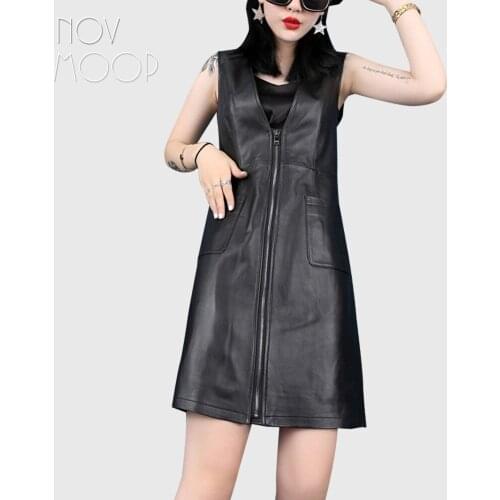 Novmoop sheepskin genuine leather women dress clean neat cutting zipper closure at front pockets at two sides LT3351