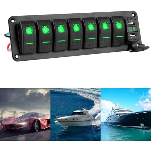 7 Gang Rocker Switch Panel DC 12V/24V Dual USB Chargers Digital Voltmeter Car Truck Bus Ship Marine Circuit Breaker