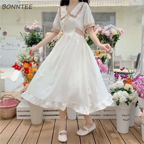 Short Sleeve Dresses Women Sweet Girls Mid-Calf Leisure Patchwork All-match Peter Pan Collar Chic Cozy Students Summer New Ins