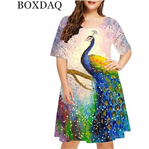 4XL Summer Women Animal 3D Peacock Print Dress Fashion Short Sleeve Casual Loose Female Vintage Dress Plus Size Women Clothing