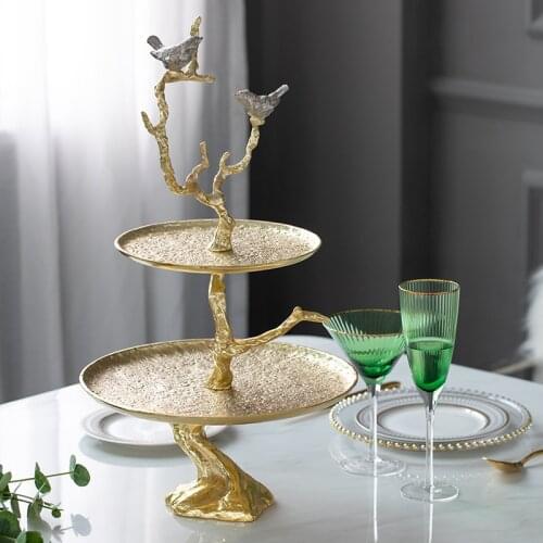 Birds Stand On Branch Statue Home Pastry Dessert Two Tier Place Cake Rack Wedding Banquet Dessert Table Decor Fruit Plate