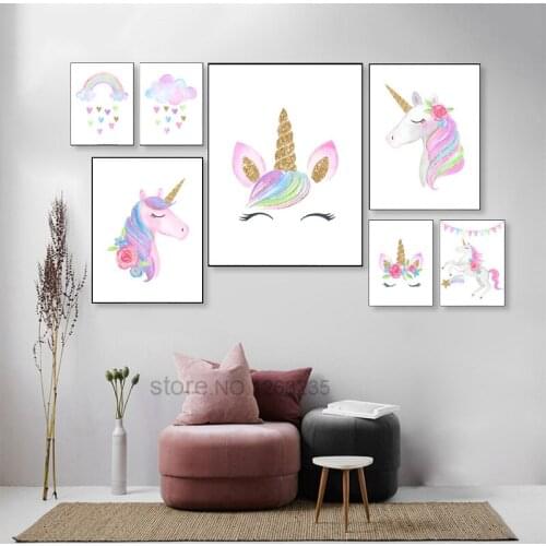 Rainbow Baby Girl Room Decor Unicorn Posters Wall Art Canvas Painting Wall Pictures Poster Unicorn Nordic Kids Bedroom Decor