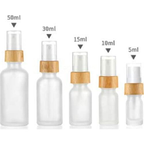 Fine Mist Atomizer Empty Frosted Glass Spray Bottle Bamboo Lid Pump Head ,travel Liquid Cosmetic Containers 5/10/15/30/50/100ml