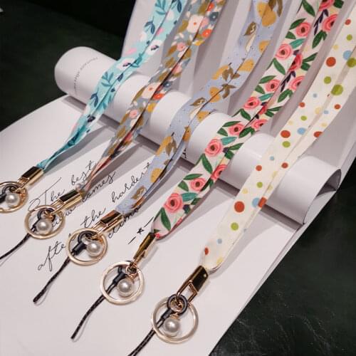 Flower Printed Phone Lanyard Strap For iphone huawei redmi samsung xiaomi Mobile Phone ID Card Pearl Long Hanging Rope String