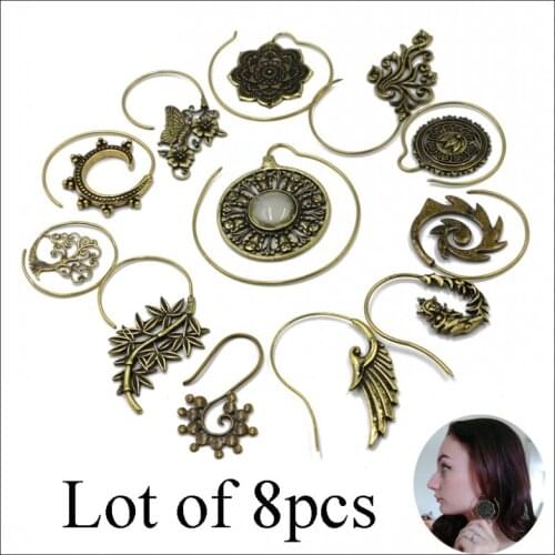 Lot of 8pcs Brass Tribal Indian Tree of Life Mandala Flower Drop Hoop Ear Weights Spiral Ear Piercing Charming Earrings Jewelry