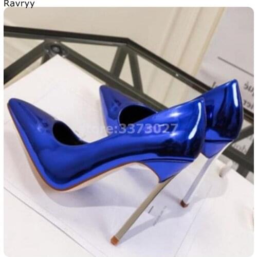Blue Womens high heels metal thin heel pointed toe sexy pumps patent leather female party dress shoes slip-on single shoes