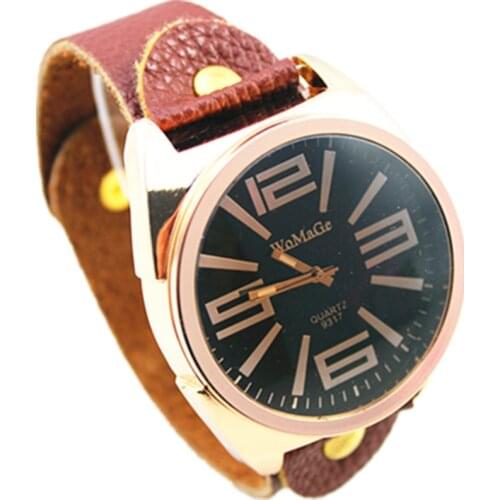 Top fashion brand womage luxury rose gold big dial vintage genuine leather brown strap watch women men unisex quartz wristwatch