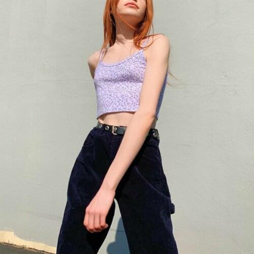 Spaghetti Strap Floral Graphic Cropped Tops Fashion Printing Backless Purple Camis Tops Chic Summer Cute Tank