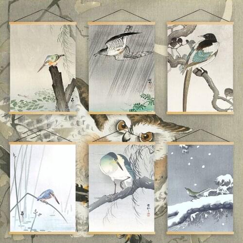 Home Decoration Canvas Pictures Vintage Bamboo Poster Print Animal Wall Art Wooden Scroll Hanging Painting Bedside Background