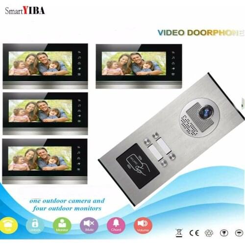 SmartYIBA Home Security 7"Inch Monitor Video Door Phone Doorbell Intercom RFID Access Control Camera System For 4 Apartment