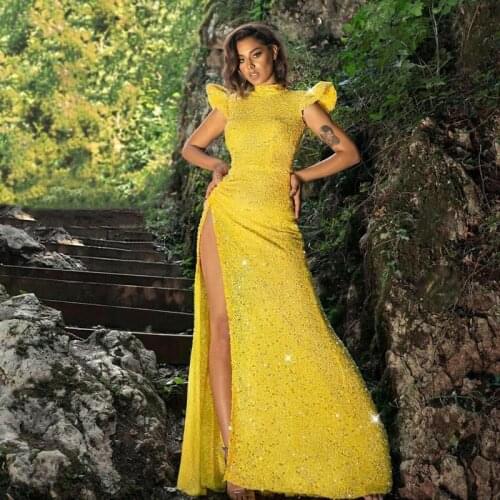 Yellow Sequined Prom Dresses Yellow High Collar Short Sleeve Mermaid Evening Gowns Sequins Split Formal Custom Made Dress