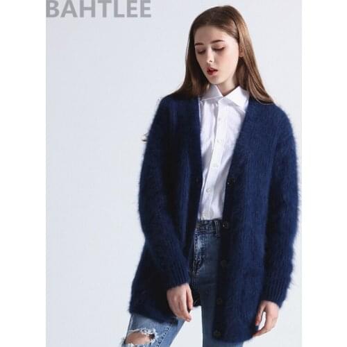 BAHTLEE Knitted Coat Womens Angora Cardigans Sweater Mink Cashmere V-Neck Button Pocket Thick Keep Warm