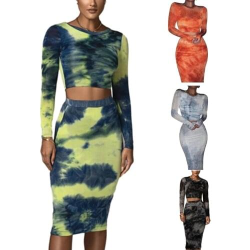 Women 2Pcs Outfits Long Sleeve O-Neck Pullover Crop Top High Waist Bodycon Midi Skirt Set Gradient Tie-Dye Clubwear
