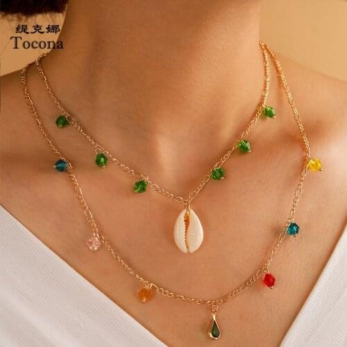 Tocona Bohemian Colorful Bead Shell Pendant Necklace for Women Multilayer Water Drop Gold Chain Jewelry Accessories 143014