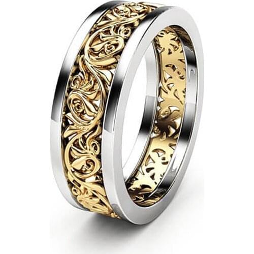 Hollow Flower Plated Gold Color Ring European Fashion Party Jewelry Double Color Elegant Wedding Band Women Rings US Size 6-10
