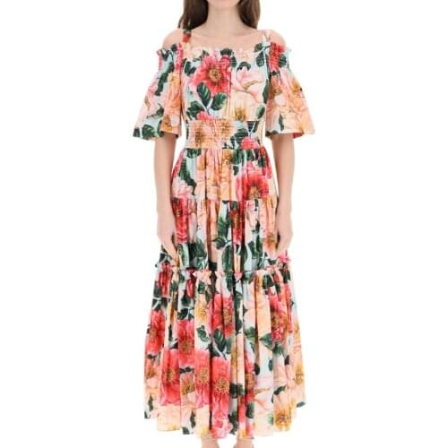 2021 New Summer Dress Female Red Print One-shoulder Elastic Waist Sling Luxury Cotton Vintage Fashion Lace Sexy Trend Long