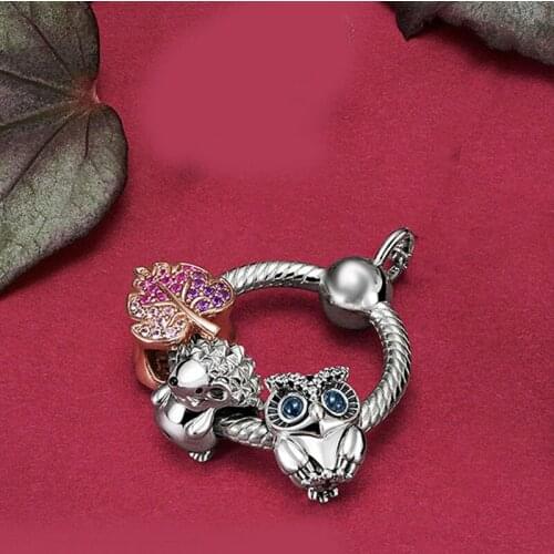 100% 925 Sterling Silver jewelry magic forest owl hedgehog deciduous rose gold letter O pendant necklace female