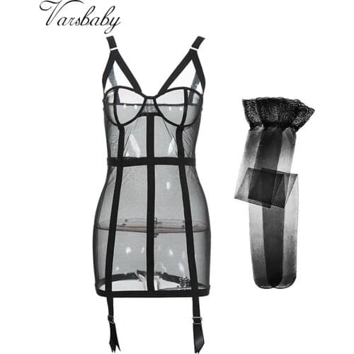 Varsbaby Fashion New Popular Hot Sale Sexy Short Skirt Buttock Skirt Seductive See Through Bodysuit+Stocking 2pcs