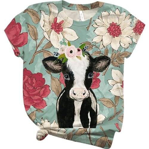 2021 Mujer Camisetas Harajuku Woman Tshirts Plus Size Short Sleeve Cow Flowers Print O-Neck Tops Tee T-Shirt женские футболки N