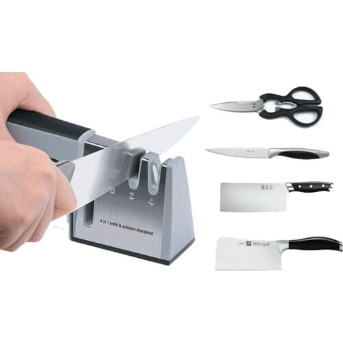 4 In 1 Knife Sharpener Ceramic Diamond Coated Shears Scissors Kitchen Knife Sharpening Non-slip Base Stainless Steel Gadget