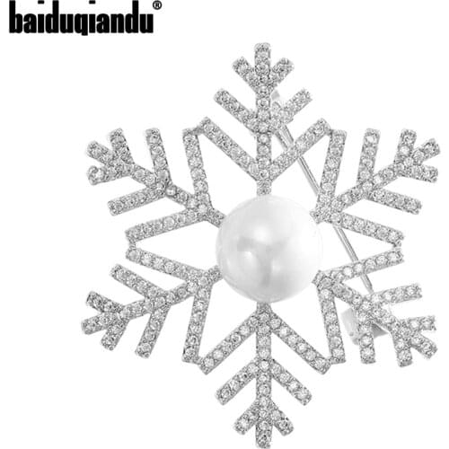 Baiduqiandu Cubic Zircon Snowflake Brooches Pins For Women Men Gold/Silver Plated 2-color Pearl Party Wedding Christmas Gift