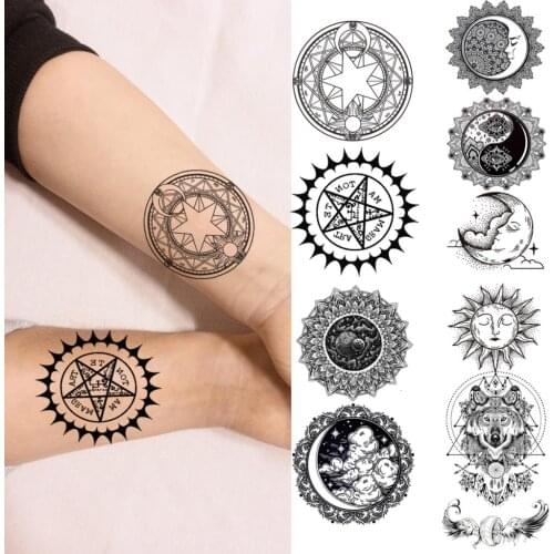 Black Magic Stars Wrist Temporary Tattoos For Women Men Moon Sun Tribe Realistic Fake Tattoo Fashion Body Art Washable Tatoos