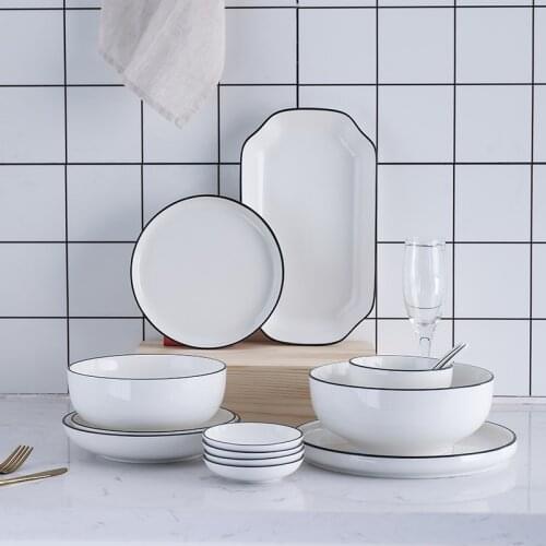 Ceramic dinner plates white dishes black inlay Kitchen Plate Tableware Food Dishes Rice Salad Noodles Bowl Soup Kitchenware