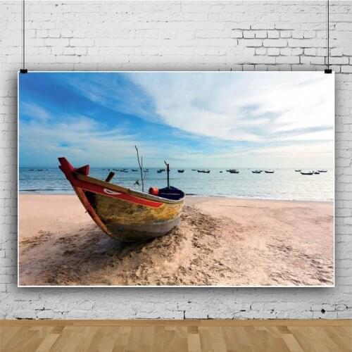 Beautiful Beach Boat Blue Sky Seascape Photography Theme Backdrop Family Room Decoration Photo Custom Kid Party Vinyl Background