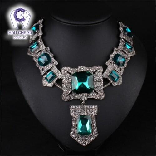 Fashion Vintage Bohemian Rhinestone Big Square Created Crystal Silver Plated Statement Maxi Necklace Women Jewelry collier