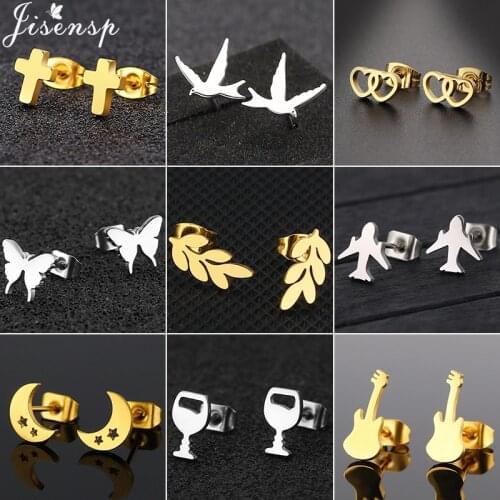 Jisensp Fashion Small Butterfly Stud Earrings for Women Girls Cute Geometric Heart Stainless Steel Earrings Best Friend Gifts