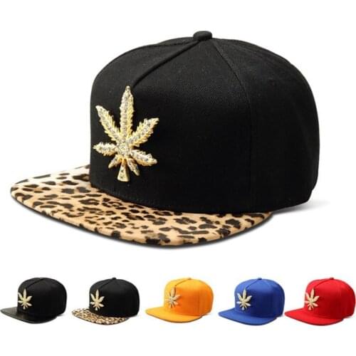 Missfox Hip Hop Mens Hat Cubic Zirconia Paved Leaf Flat Brim Baseball Hat Personalized Hipster Mens Hats And Caps