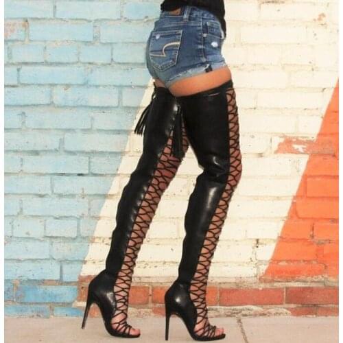 Newest Leather Back Women Lace Up Thigh Boots Long Zipper Back Gladiator Style Ladies Sandal Boots Female Sexy High Heel Boots