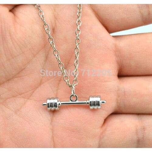 New Arrival Free ship10pcs rhodium plated fashion Dumbbell barbell weightlifting Gym sports Fitness chain necklace (A1237)