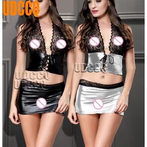 Sexy lace glisten Metallic PVC FAUX LEATHER Underwear Babydolls Lingerie Sheer Dresses Stripper Sleepwear Outfits+miniskirt 8980