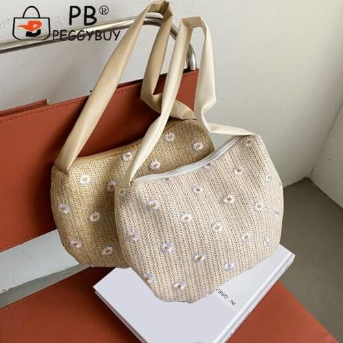 Vintage Ladies Shoulder Underarm Bag Women Mesh PU Woven Daisy Embroidery Purse Small Beach Handbags Women Summer Bags