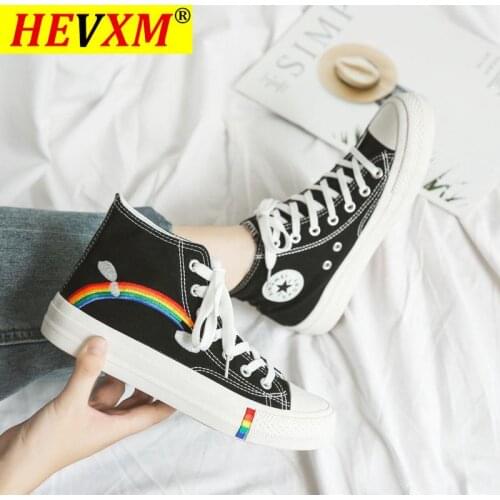 Womens Fashion 2021 Vulcanized Shoes Woman Sneakers New Rainbow Retro Canvas Shoes Flat Fashion Comfortable High Shoes Women