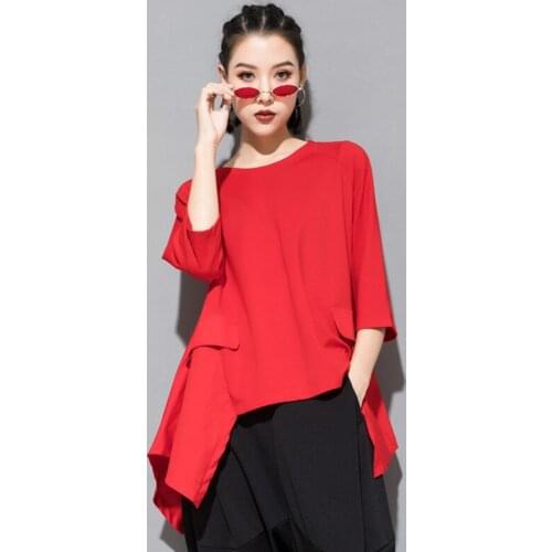 2021 New Splicing Irregular Loose Blouse Women T-Shirt Red White Black Cotton O-Neck Autumn Spring Casual Tees Tops