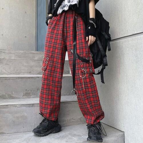 Summer Harajuku Plaid Pants With Chain Women Streetwear High Waist Casual Loose Straight Pants Fashion Hip Hop Female Trousers