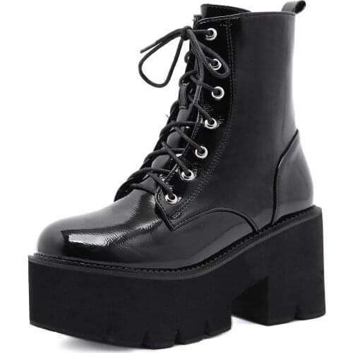 Woman Autumn Boots Womens Ladies Chunky Wedge Platform Black Patent Leather Ankle Boots Punk Goth Sexy Heel Boots Botas Mujer