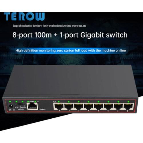 9-Port Gigabit Switch 8-Port 100M +1-Port 1G Uplink Gigabit Switch VLAN With Metal Shell For Burn-proof and Lightning Protection
