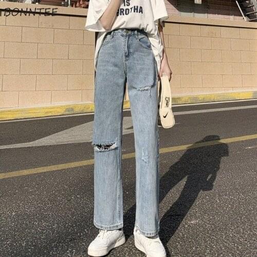 Jeans Women Summer New Fit Vintage Leisure Korean Style Daily Fashion High Waist Loose Students Hole Chic Clothing All-match Ins