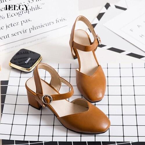 IELGY Color matching leather retro style square toe large size thick heel mid heel Womens sandals shallow mouth all-match