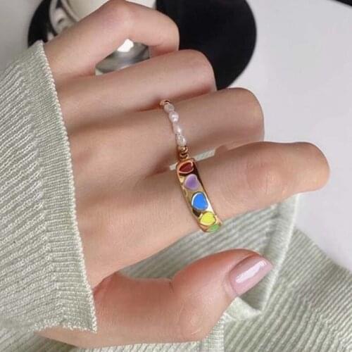 Korean Heart Enamel Rings for Women Girl Cute Romantic Gold Silver Color Metal Adjustable Open Ring Fashion Jewelry Gift