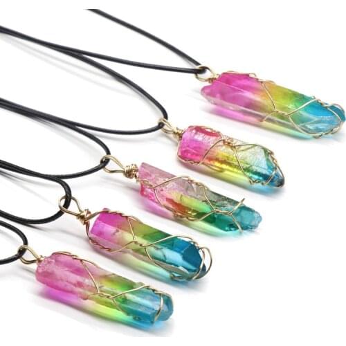Colorful Rainbow Crystal Quartz Chakra Stone Pendant Necklace Healing Balance Reiki Nuggets Natural Quartz Choker Necklace Women
